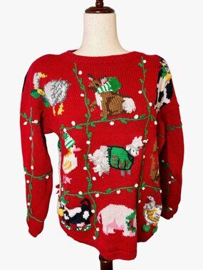 Vintage Eagle's Eye Red Farm Goose Cow Pig Christmas Sweater Size Large